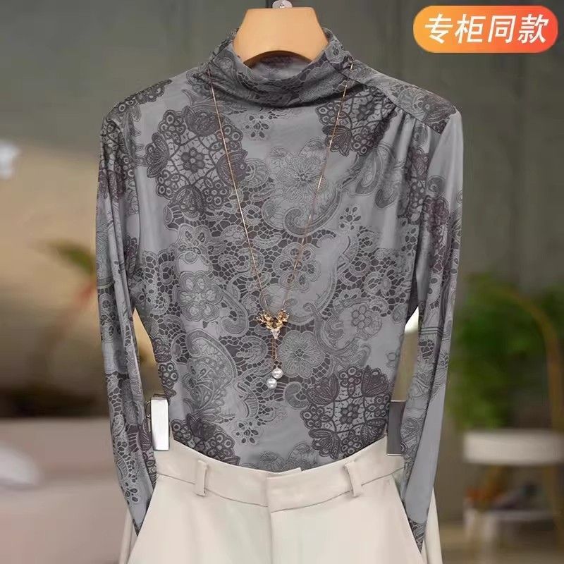 Qadın üçün nazik uzunqol mesh printli köynək