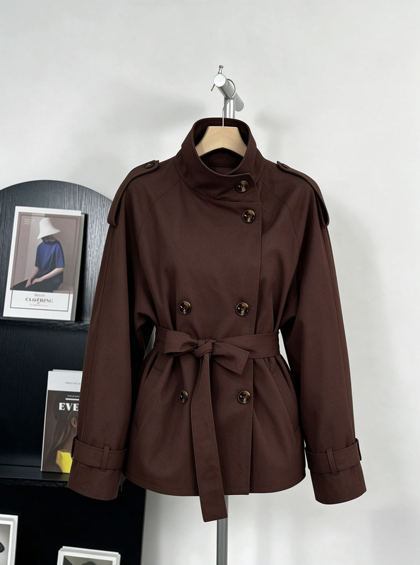 Korean-style short trench coat for women, suitable for spring and autumn, with a stand-up collar, double-breasted design, tie-waist detail, slimming effect, elegant, casual, and versatile, in brown