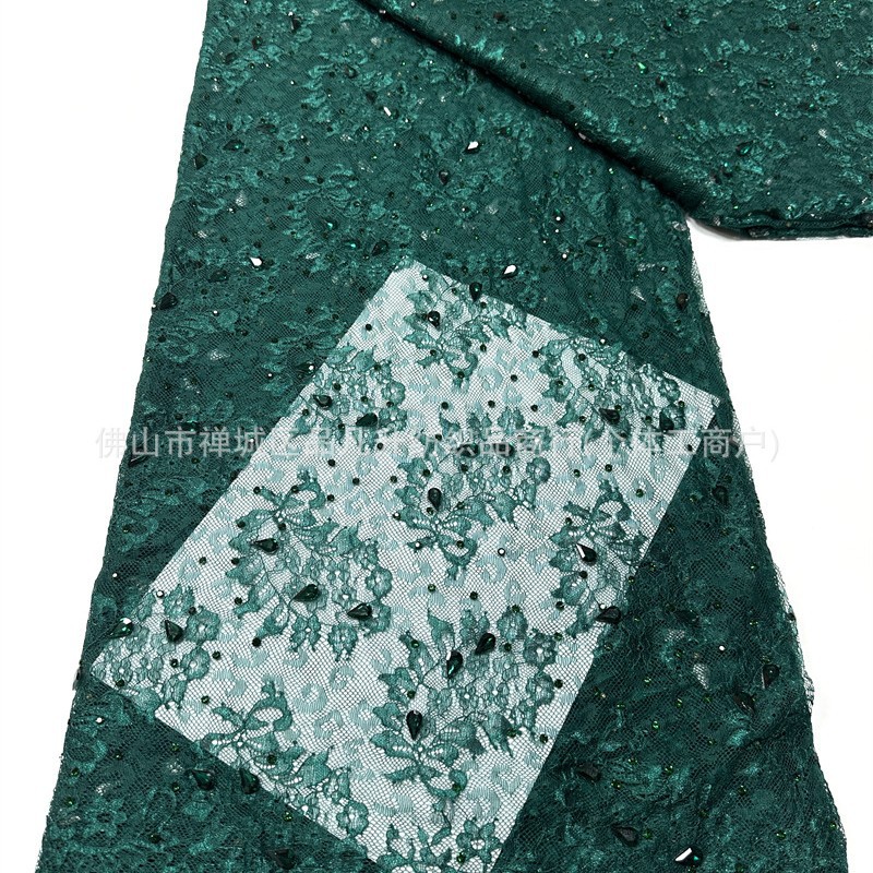 Champaña oro pesado clavos tela de encaje goteo taladro de mano encaje cosido tela de vestido de boda alta