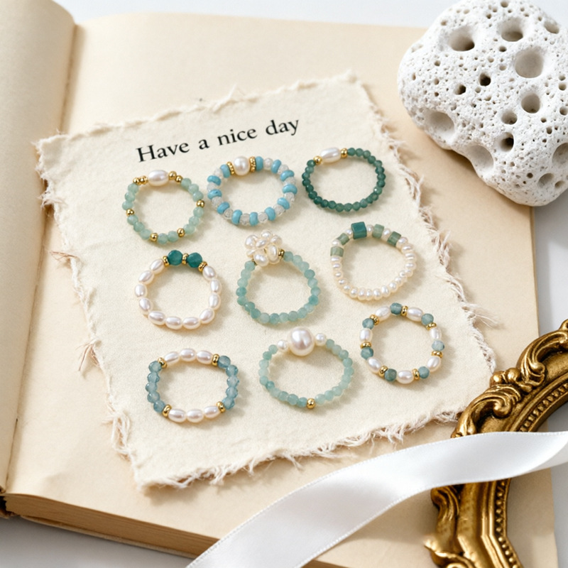 Amazonite Sea Blue Series Ins Niche Design Index Finger Ring Crystal Pearl Ring High-End Layered Ring