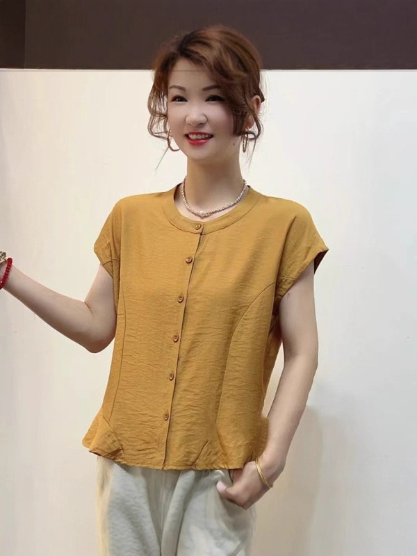 夏季新款时尚气质衬衫女宽松显瘦圆领短袖上衣百搭休闲高档T恤小|undefined