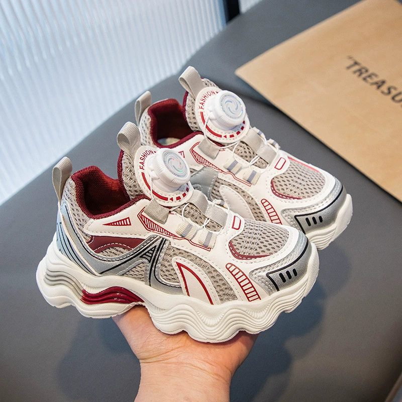 Детская спортивная обувь красная обувь вращающаяся пуговица 2025 весна и осень мальчик девочка двойная сетка дышащая папочка обувь