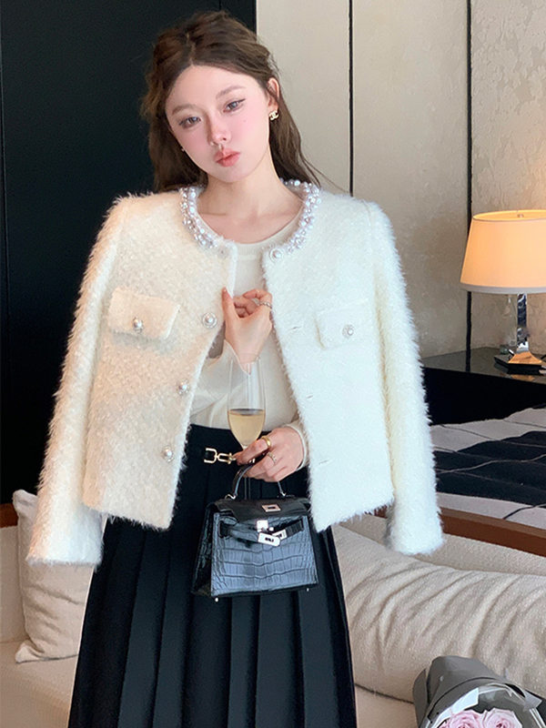 Áo khoác nữ dáng cardigan dày cổ tròn viền ngọc trai phong cách thanh lịch — Kiểu dáng thông thường màu trắng ngọc trai, Kiểu chần bông màu trắng ngọc trai