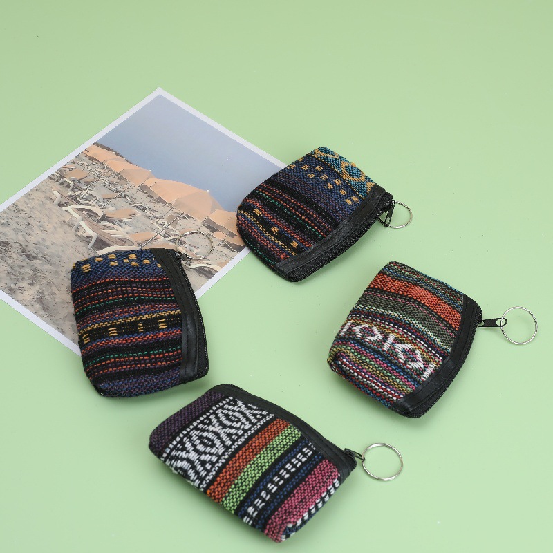 Ethnic Style Canvas Coin Purse Mini Coin Bag Pendant Lipstick Id Card Data Cable Storage Small Bag Aunt Bag