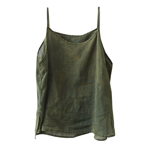 Cotton Linen Strappy Tank Top Loose Ethnic Style  Summer Trendy Belly Covering Tank Top Striped Versatile Women's Top