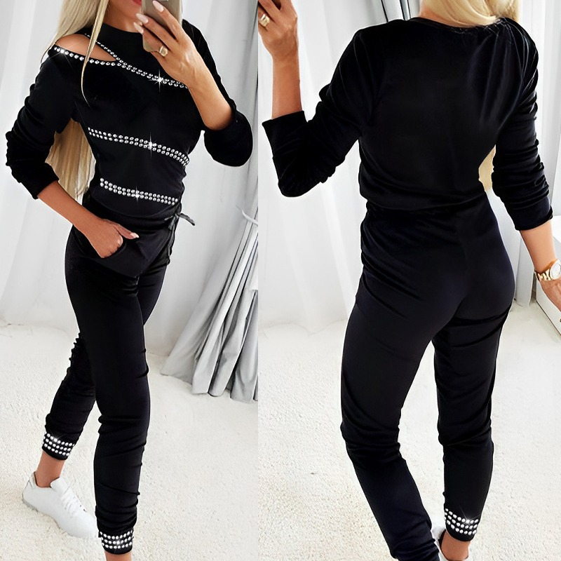 2022 new women's clothing hot diamond long-sleeved top + pants two-piece suit_voghion.com