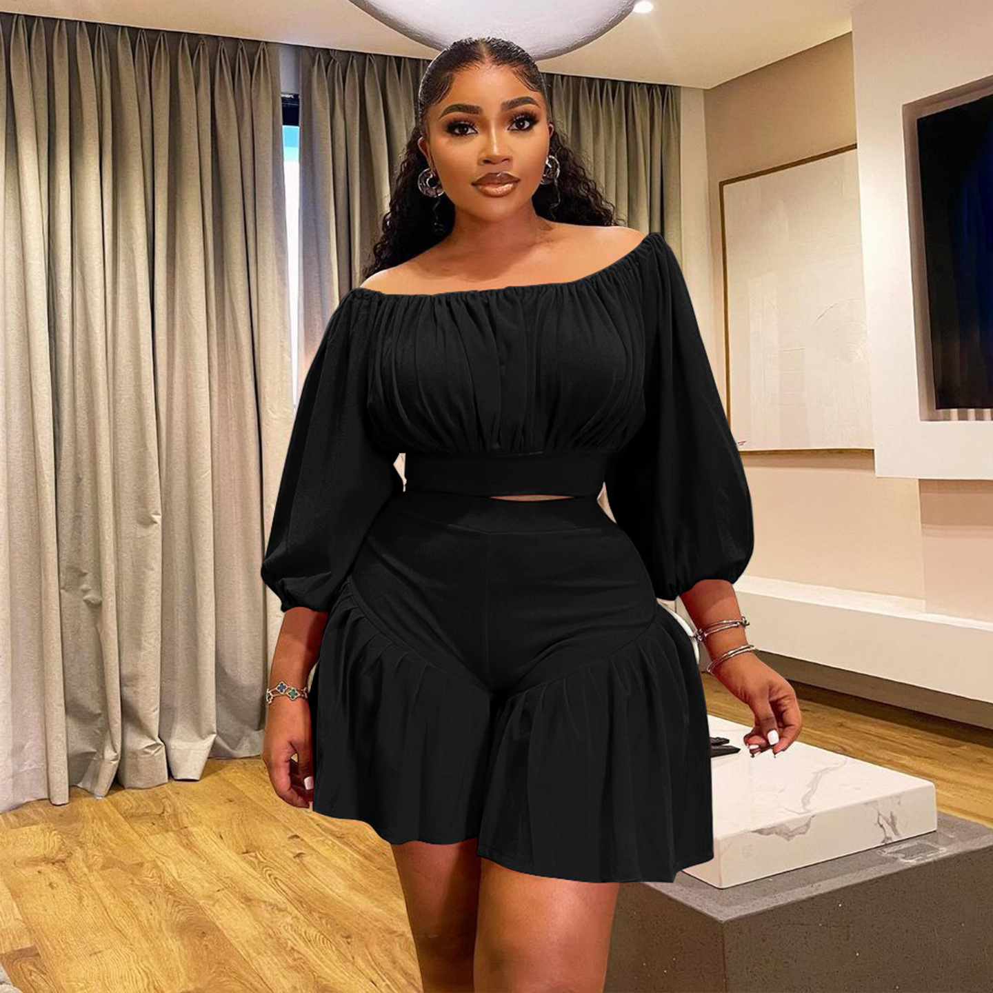 350g Weight Long Sleeve Sleeve Length Spandex, Polyester Fabric Type Shorts Co-ord Set Sets Type 2 Pieces Set Quantity Daily Occasion Off Shoulder Neckline Slim Fit Type Solid Color Pattern Summer Season Casual Style Daily Casual Solid Color Spandex Polyester Shorts Co-ord Set Plus Size Two-piece Sets 23