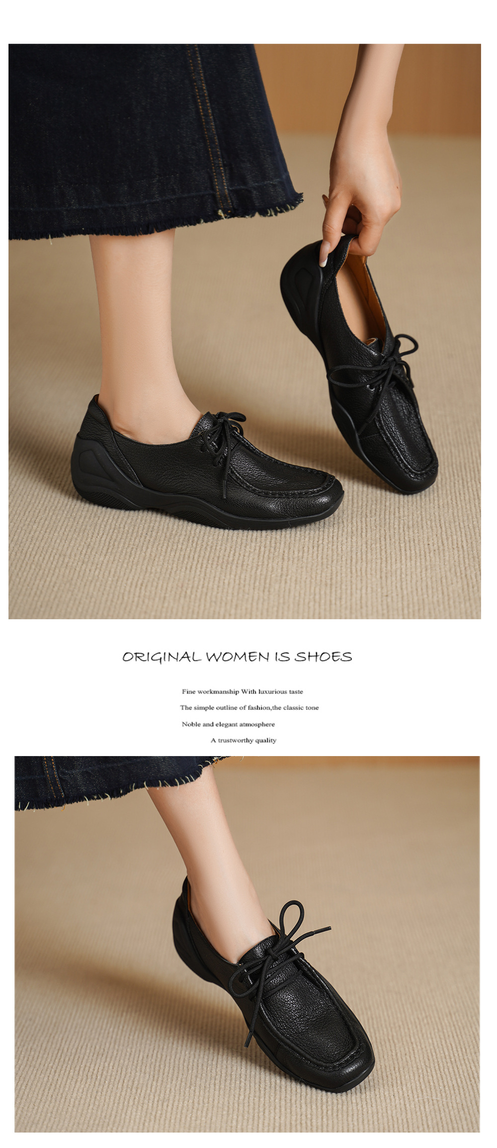 Giày lười nữ mũi vuông da cừu mềm phong cách DeTrain vintage, đế bệt buộc dây — màu nâu chi tiết 8