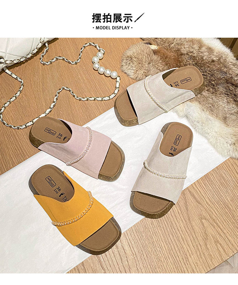 Dép sandal nữ quai ngang đế dày bằng gỗ bần, mũi vuông, đi ngoài trời — Màu khoai môn, Màu vàng gừng, Màu xám nhạt chi tiết 27