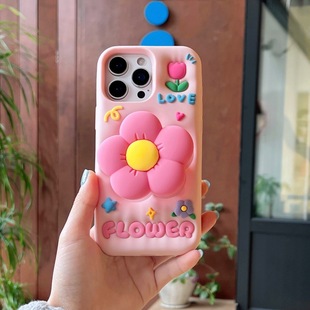 Ins Apple 14Promax Cartoon 13Pro Stereo Pink Flower Stand Iphone15/16Pro Mobile Phone Case Suitable