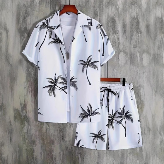 2025 Summer European and American Cross-border New Hawaii Beach Men's Shirts and Shorts suit
