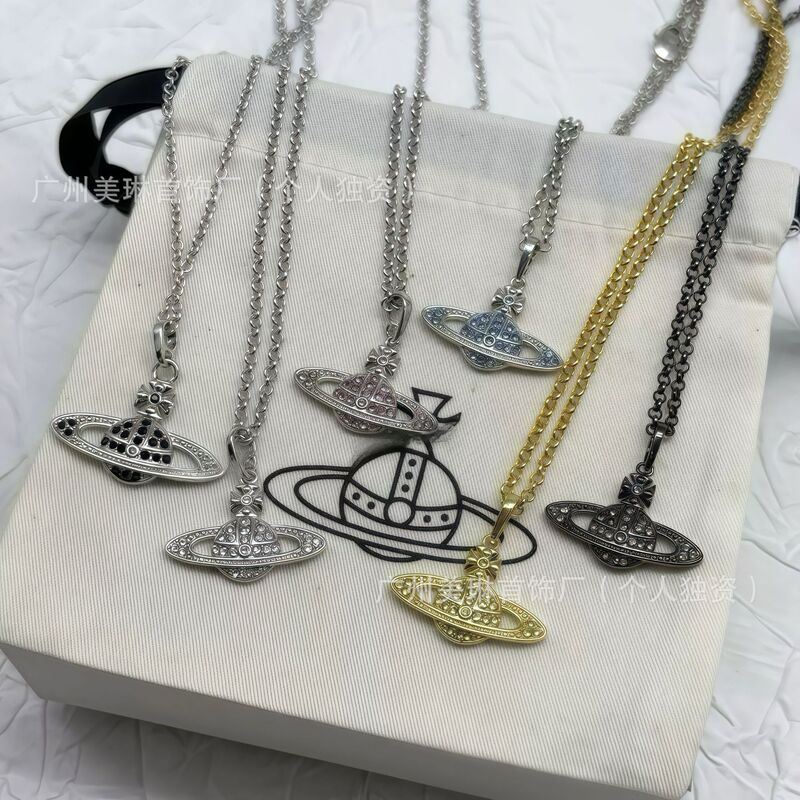 High Version of the Queen Mother Saturn Necklace Vivian Classic Full Diamond Chain Necklace Factory Wholesale