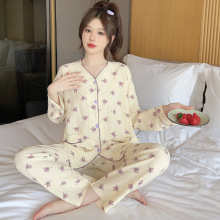 2023夏季新款睡衣女套装韩版可爱甜美短袖长裤家居服长袖 V领开衫