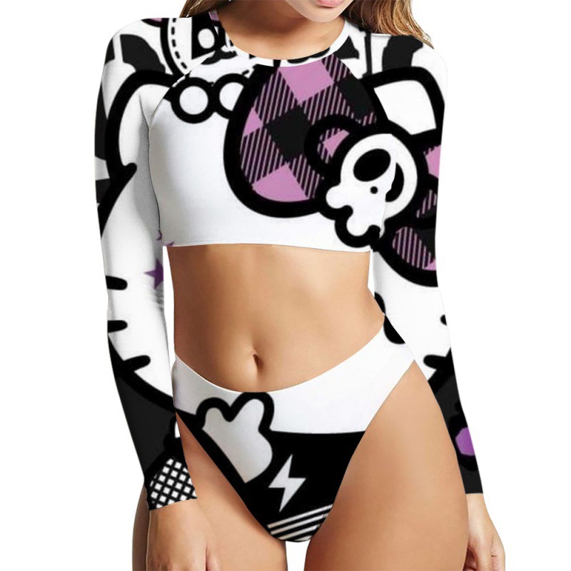 新款歐美3D數碼印花KT貓夏季女士分體比基尼游泳衣 一件代發