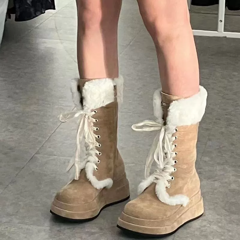 2024 зимний новый винтажный толстый фон плюс бархатный рыцарь сапоги теплый средний труба Мартин ремешки сапоги волосатый снег сапоги женский
