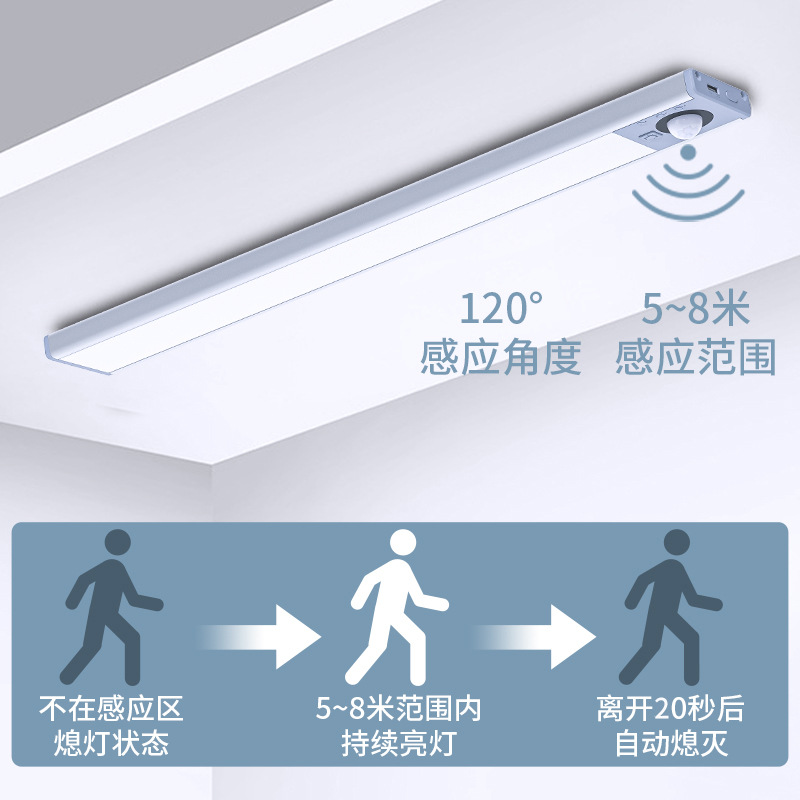Luz del sensor del cuerpo del LED recargable de tres colores de luz variable con gabinete de vino armario barra de luz ultrafina luz de noche inteligente