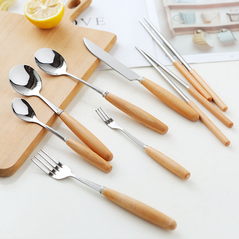 originality Wooden handle Stainless steel European style Western knife Fork spoon chopsticks Four piece suit tableware suit Spoon Fork