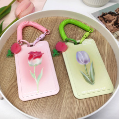 Tulip Rose Card Holder Elastic Strap Student School Card Bus Meal Card Protection Case Keychain ID Card Holder