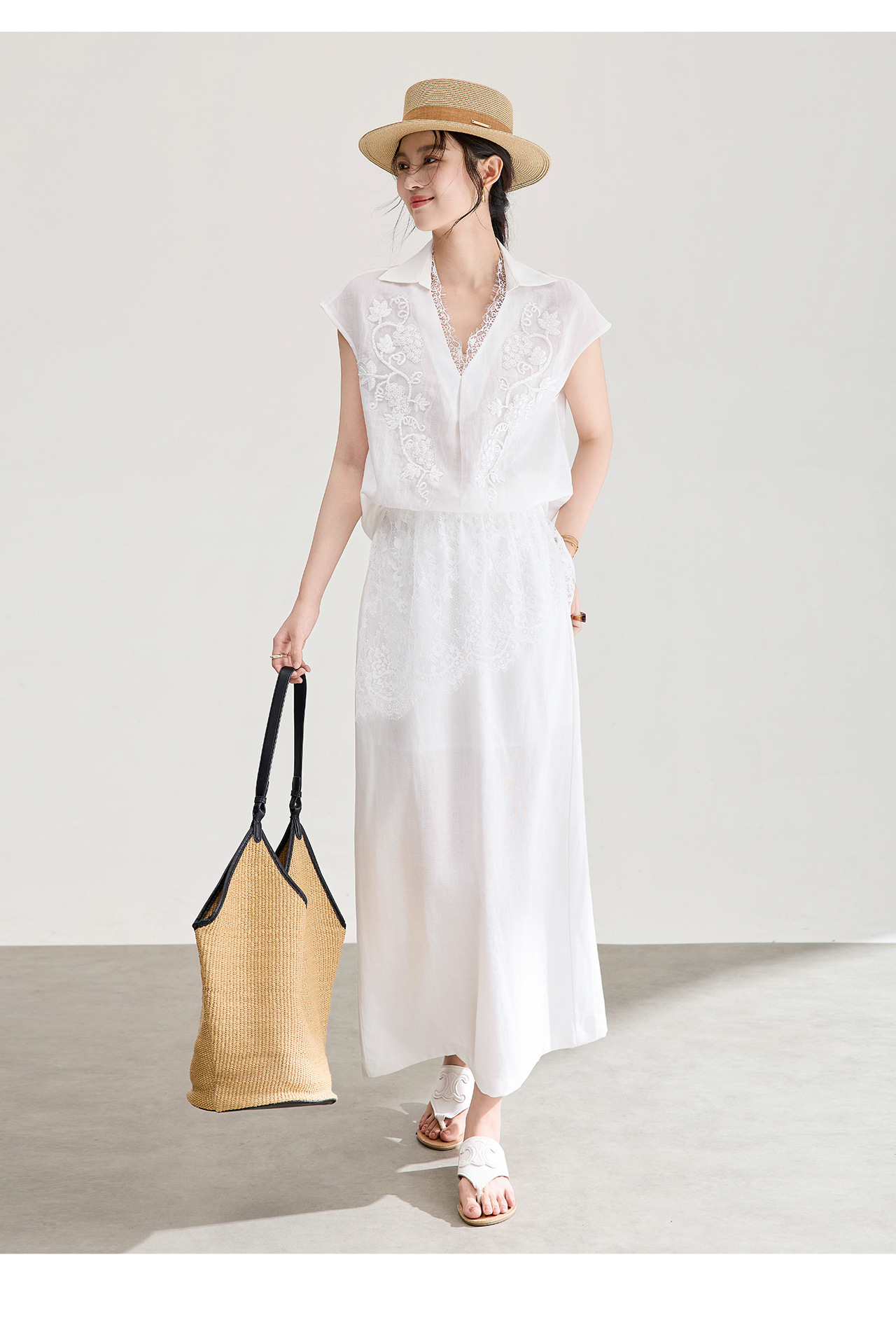 Chân váy midi ren xếp ly cạp cao xẻ tà sau — màu đen chi tiết 14
