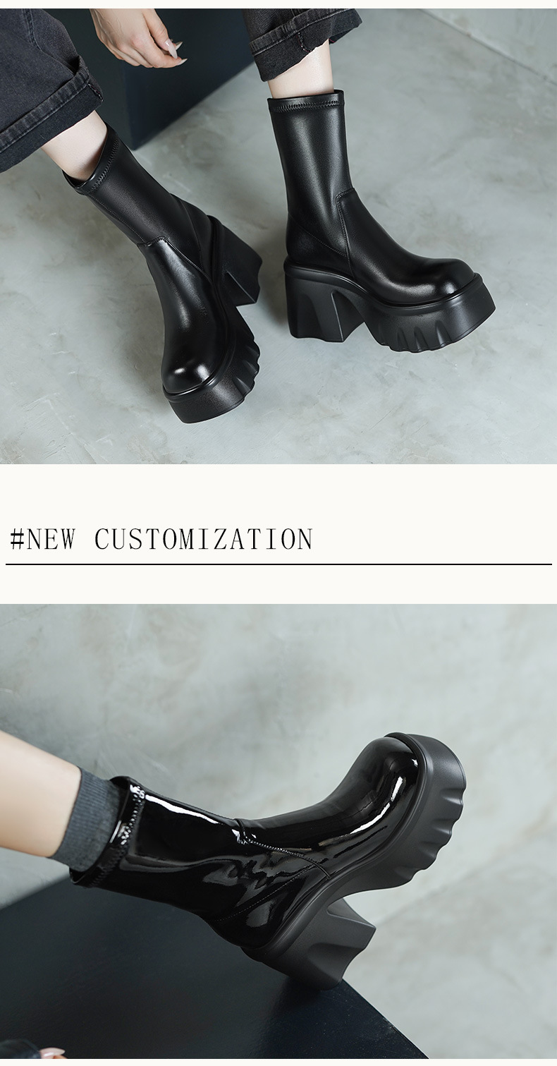 Boot nữ cổ thấp cao gót 10cm da thật đế dày tăng chiều cao mùa thu đông — Lớp lót bằng da bò, Lớp lót bằng da sáng chế chi tiết 4
