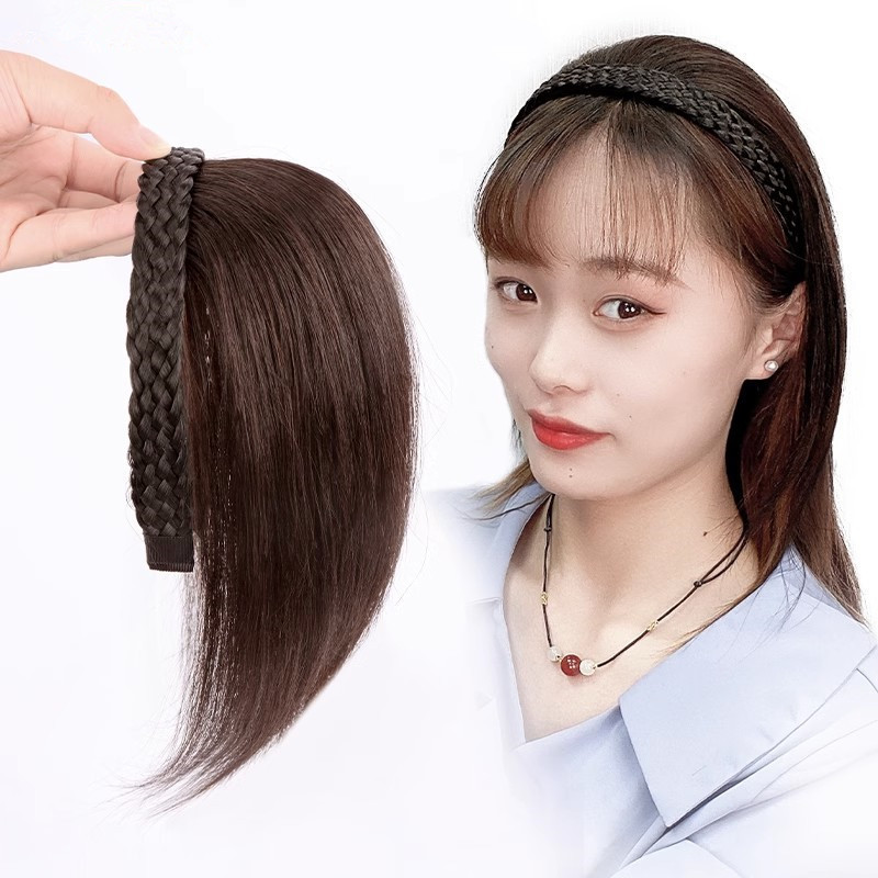 Wig female head top hair replacement fluffy cover white hair full real hair braid hair band one without bangs head wig piece