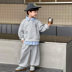 男童套装韩版卫衣假两件儿童帅气衣服2025新款宝宝秋装休闲卫裤潮