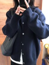 国潮牌藏青色针织衫开衫女春秋宽松慵懒风别致休闲百搭外套上衣潮