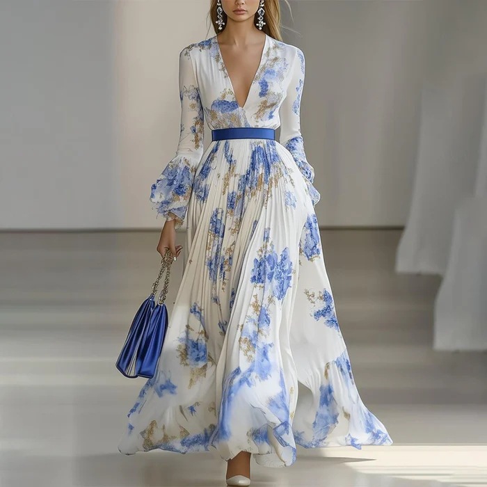 2025 European and American Clothing Amazon Independent Station Digital Printing V-Neck Long-Sleeved Pleated Dress Long Skirt