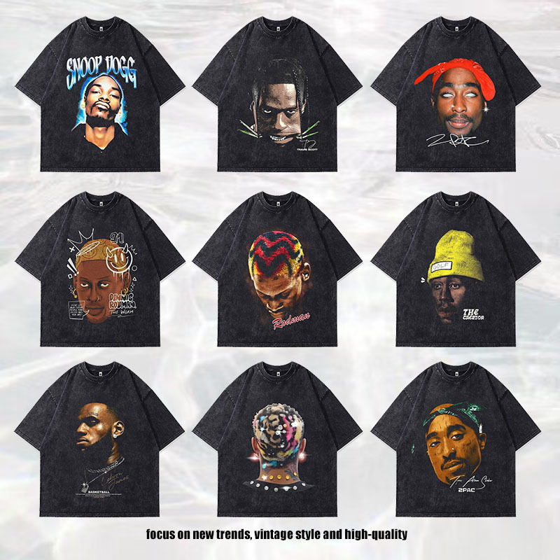 Tkpa American Hip-Hop Avatar Printed Washed Short-Sleeved T-Shirt Men's Retro Vintage Heavy Cotton T-Shirt Trendy