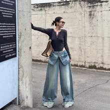 2026春季口袋腰围拼接挽裤脚设计假两件辣妹宽腿牛仔长裤