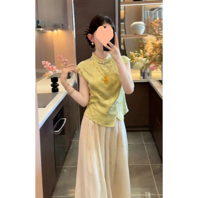 2025新款夏季缎面提花气质收腰显瘦上衣高腰阔腿长裤子女装套装|undefined
