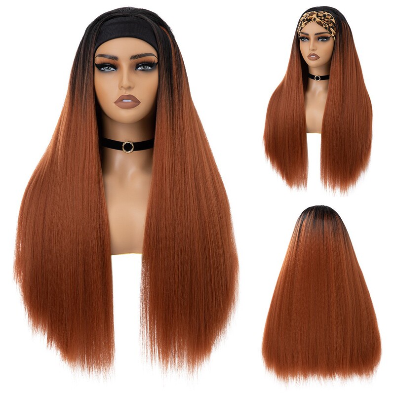New European and American Wig Female Black Long Straight Wig Simulated Fluffy Yaki Straight Headband Wig Full Headgear
