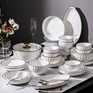 釉下彩北欧轻奢高颜值景德镇陶瓷餐具碗碟套装家用汤面碗盘勺组合