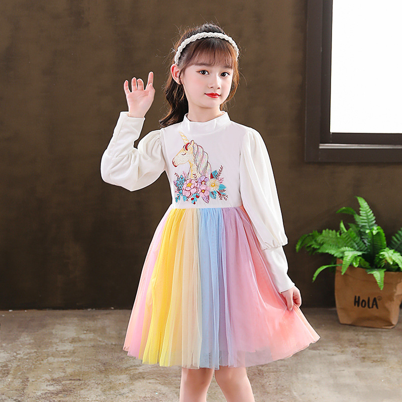 Autumn Winter Long Sleeve Girls Unicorn Rainbow Mesh Dress