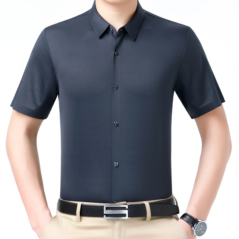 2026 Summer New Style Middle-Aged Men's Short-Sleeved Shirt Casual Lapel Mulberry Silk Fashionable Versatile Ice Silk Shirt for Men 2026 Summer New Style Middle-Aged Men's Short-Sleeved Shirt Casual Lapel Mulberry Silk Fashionable Versatile Ice Silk Shirt for Men