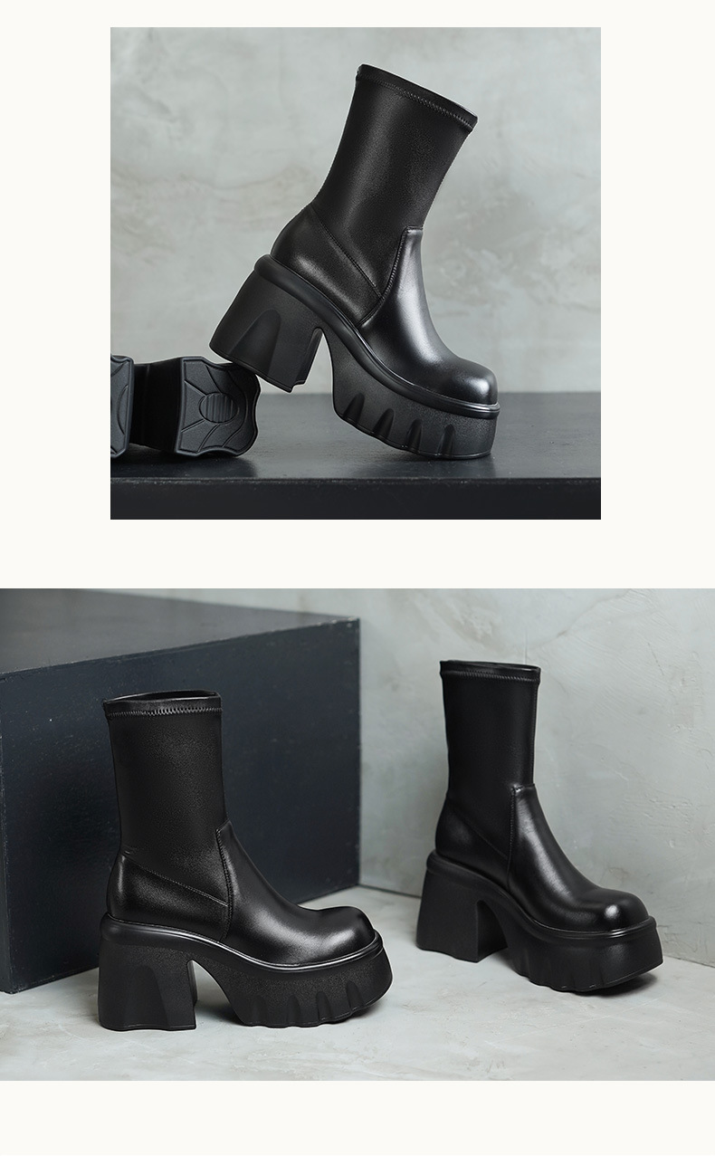 Boot nữ cổ thấp cao gót 10cm da thật đế dày tăng chiều cao mùa thu đông — Lớp lót bằng da bò, Lớp lót bằng da sáng chế chi tiết 7