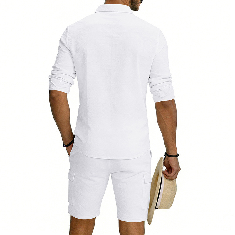 Summer Men's Linen Long Sleeved Shirt Casual Loose Fit Style With Multi Pockets Cargo Shorts Set_viptrois.com