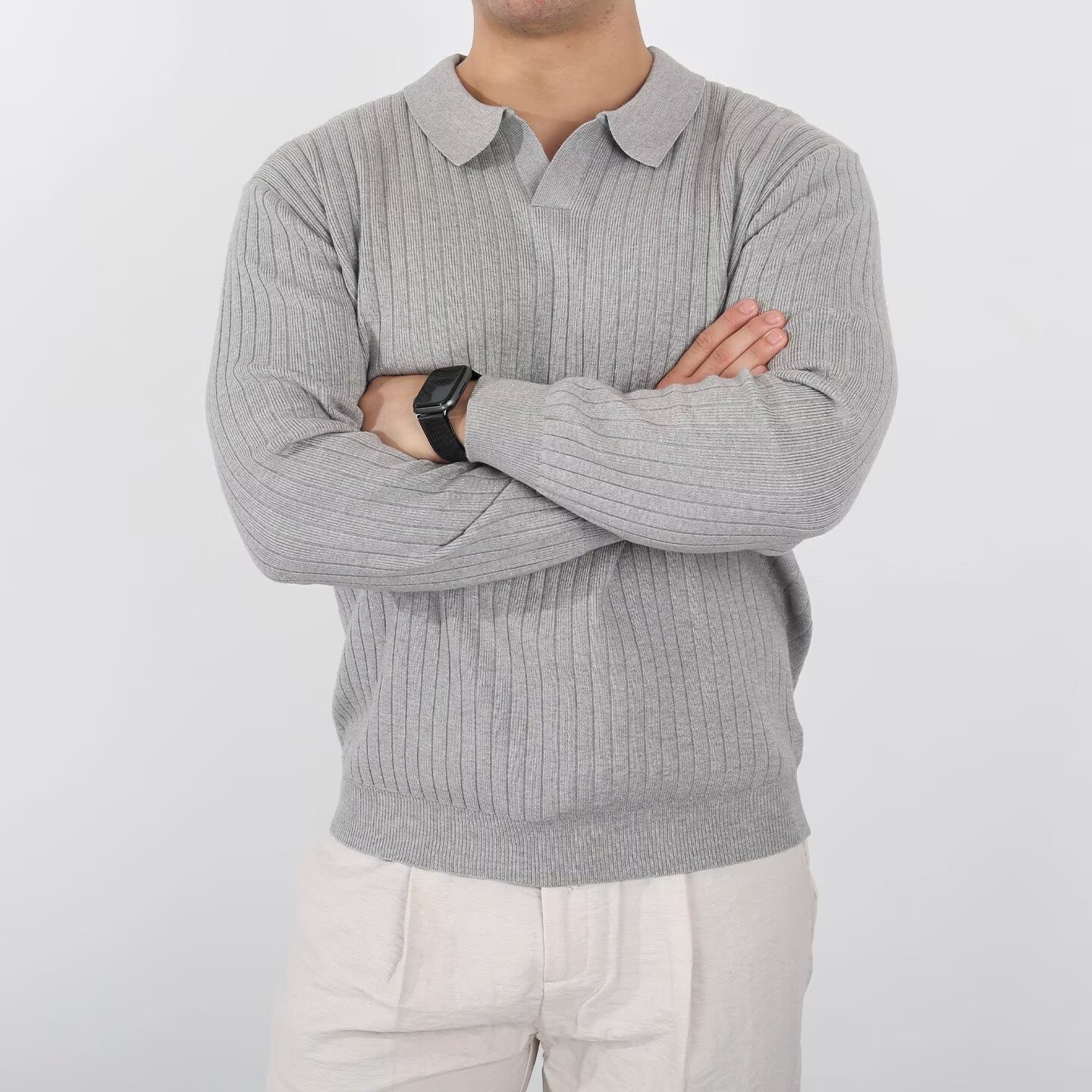 Men's Long Sleeve Polo Shirt Autumn Style Solid Color Striped Trendy Simple Sporty Fitness Lapel Knit Sweater_viptrois.com