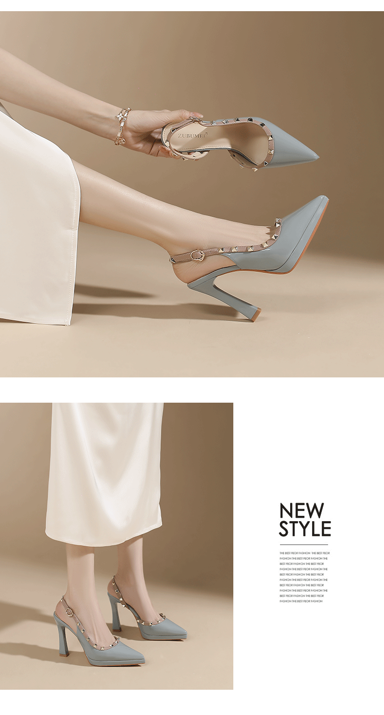 Sandal cao gót nữ mũi nhọn hở mũi, gót nhọn đinh tán, đế chống thấm nước — Xanh lam nhạt chi tiết 4