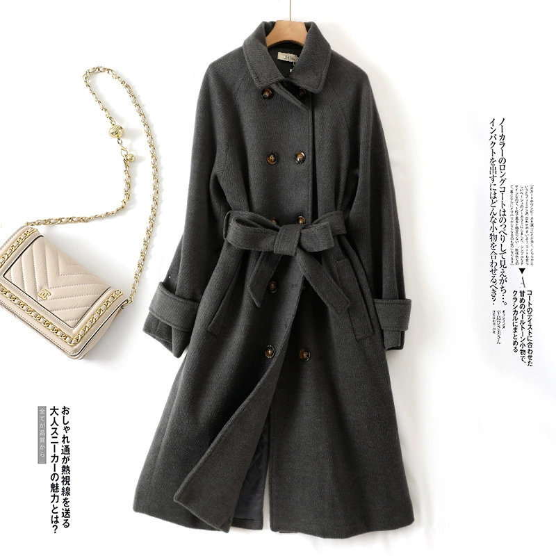 Шерстяной пальто-тренч: длинный рукав, пояс и ремень; цвета серый/хаки, размеры M/L/XL/XXL, бренд 奢资味