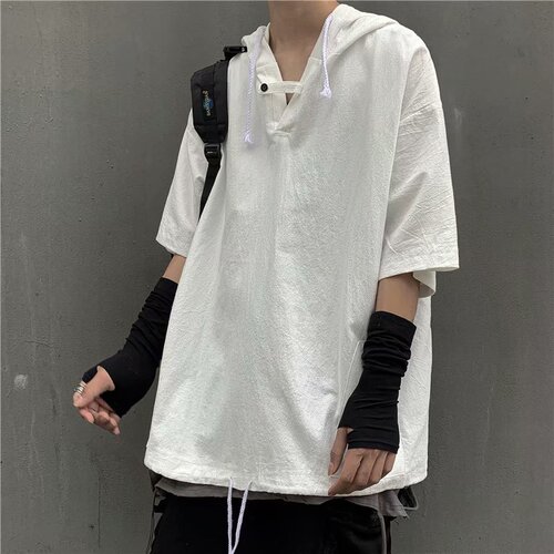 Japanese-style sun-protective clothing with multiple pockets, workwear-inspired short-sleeve T-shirt, Harajuku fashion, hooded pullover, half-sleeve overshirt, men's hoodie