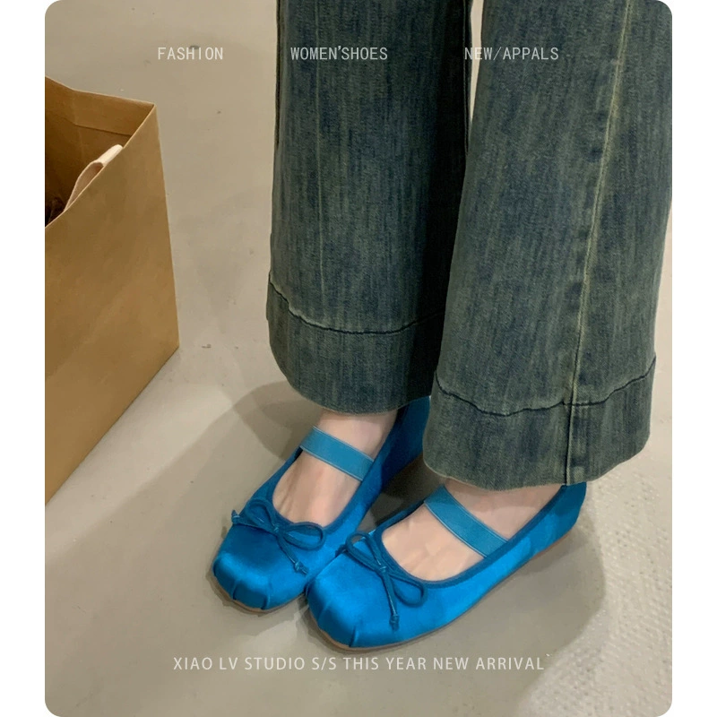 French gentle bow shallow mouth heightening single shoes for women 2025 spring and summer evening ballet large size women's shoes 4143