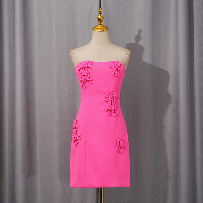 Rose Pink Tube Top Short Dress Three Dimensional Floral Decoration Solid Color Dress 14 Rose Pink Tube Top Short Dress Three Dimensional Floral Decoration Solid Color Dress