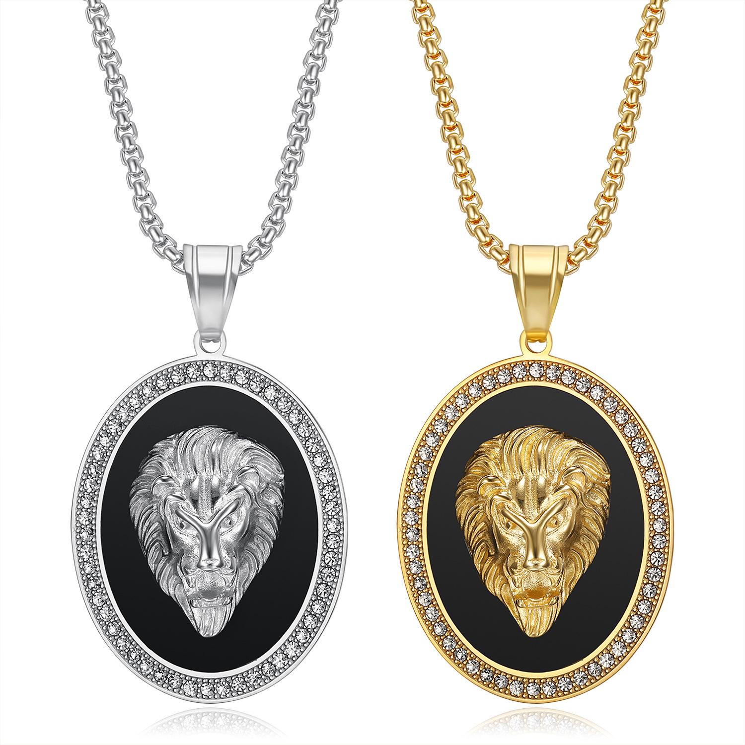 18K Gold Plated Plating Material Rhinestones Inlay Material Titanium Steel Chain Material Hip-Hop Oval Lion Titanium Steel Plating Rhinestones 18K Gold Plated Men's