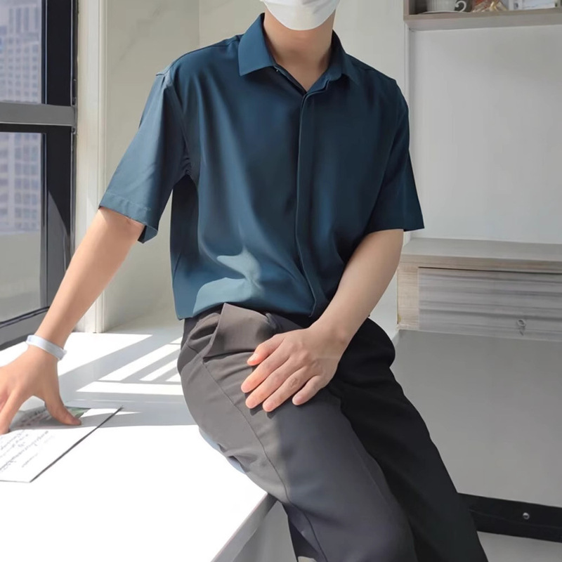 Cheap Hidden Button Ice Silk Short-Sleeve Shirt for Men, Casual Loose Fit, Trendy Ins Style, Half-Sleeve Drape Solid Color Shirt