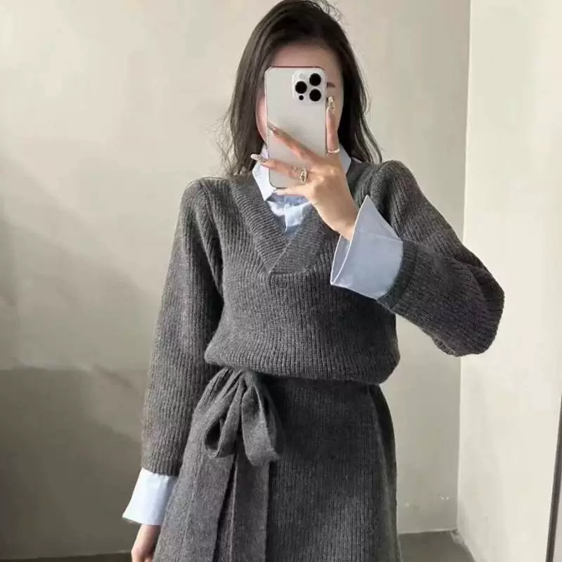 Зимний модный универсальный комплект, рубашка, шерстяное платье, корейский стиль, имитация рубашки