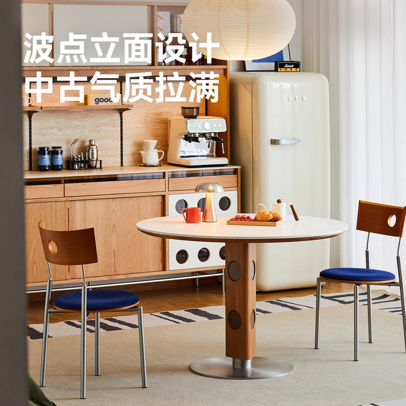 欧拉家具时光圆桌小户型实木餐桌家用樱桃木复古圆形饭桌岩板桌子|undefined