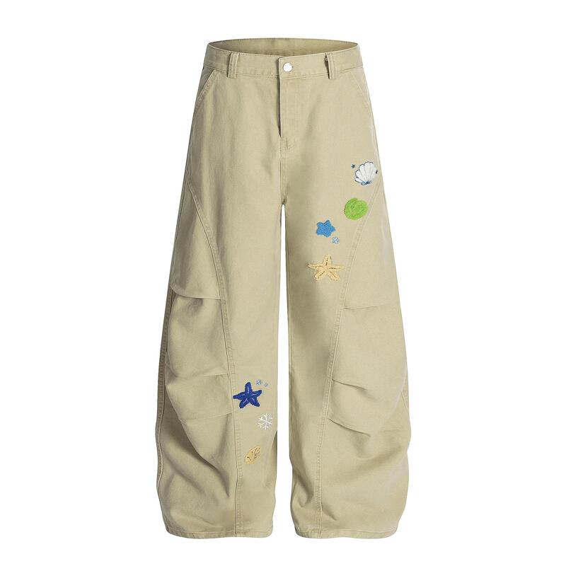 American-Style Fun Starfish Shell Towel Embroidered Scimitar Casual Pants for Men and Women, Loose Oversize Couple Floor-Length Pants
