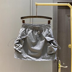 多口袋抽绳松紧腰休闲工装短裙女夏季薄款防走光A字半身包臀裙子