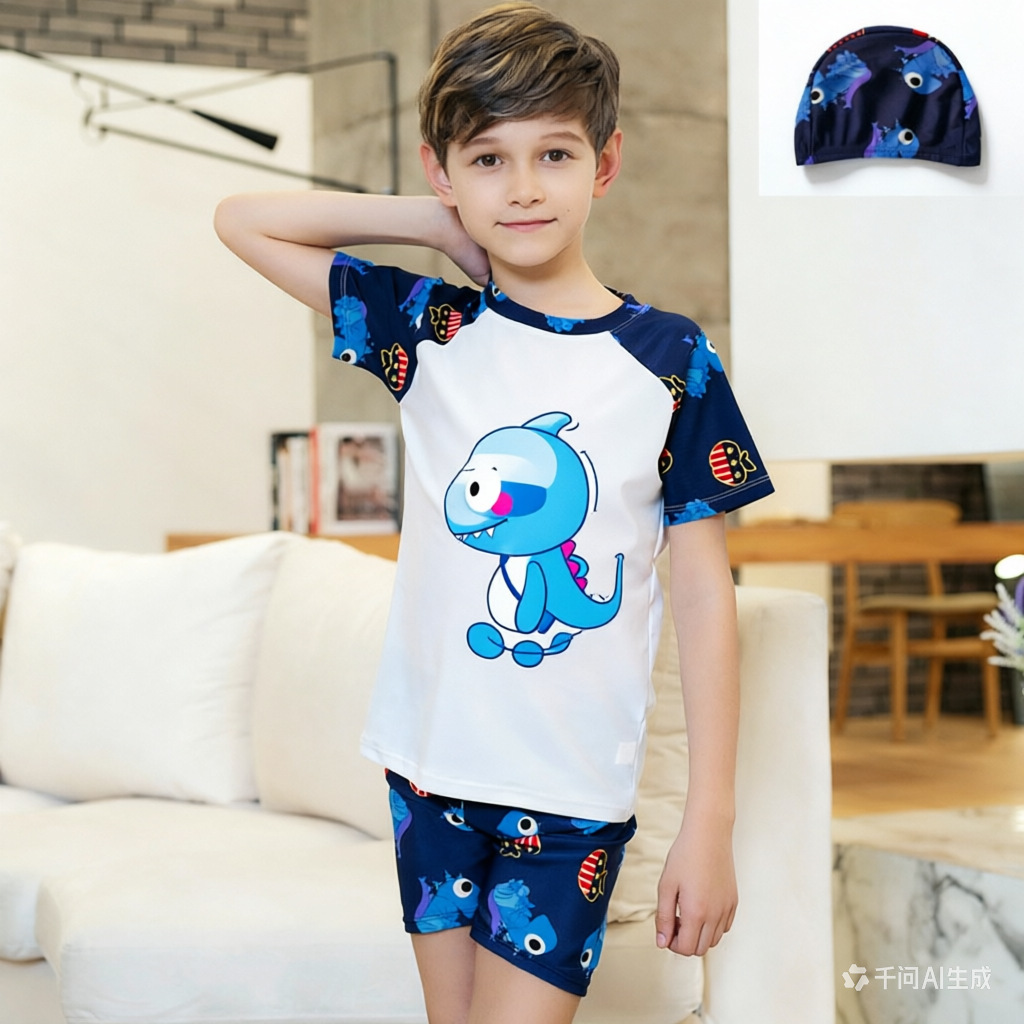 Children's swimwear boys split small, medium and large children baby short sleeve swimming trunks suit with swimming cap wholesale